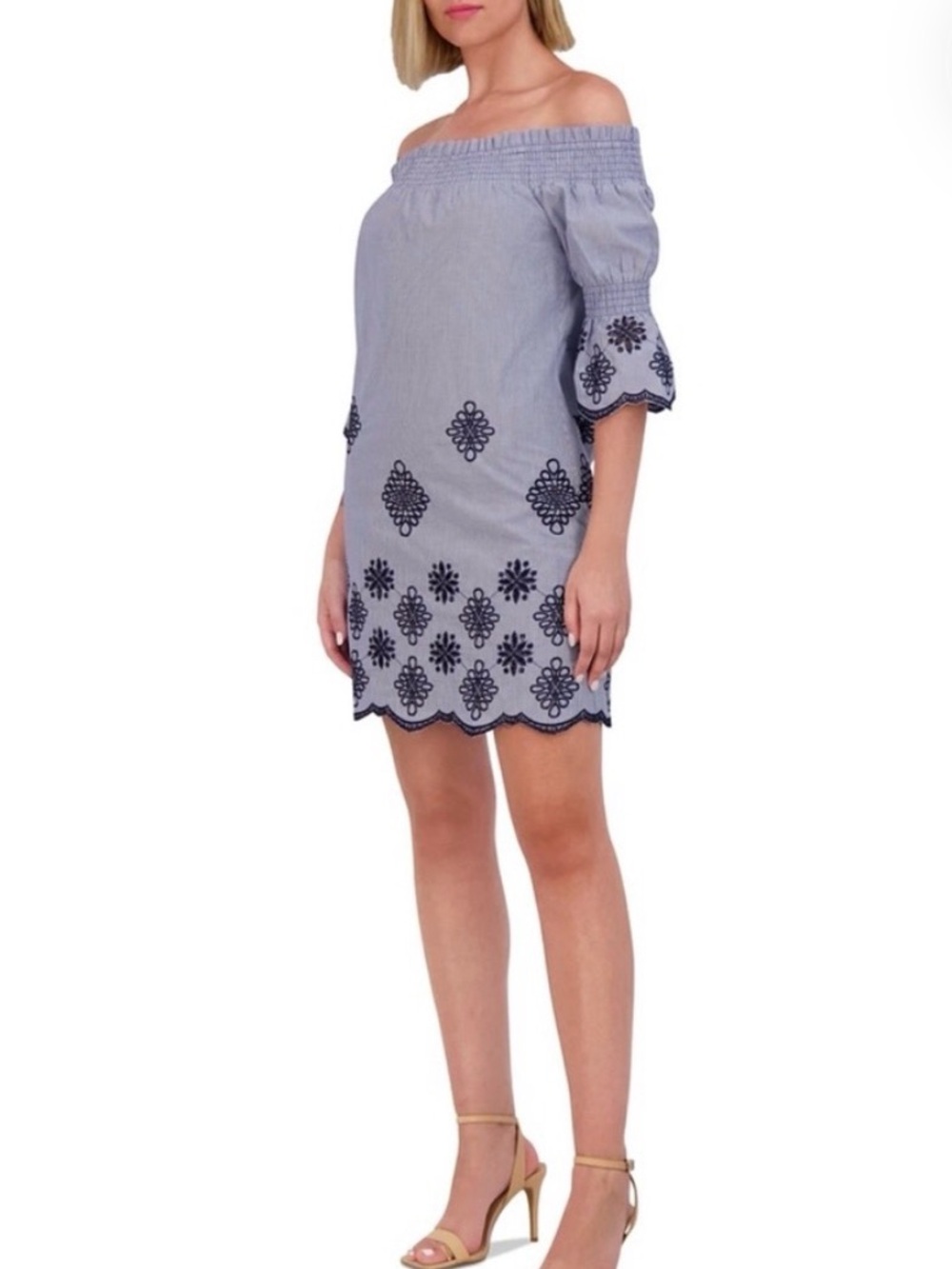 Vince Camuto Light Blue Off-Shoulder Embroidered Mini Skirt